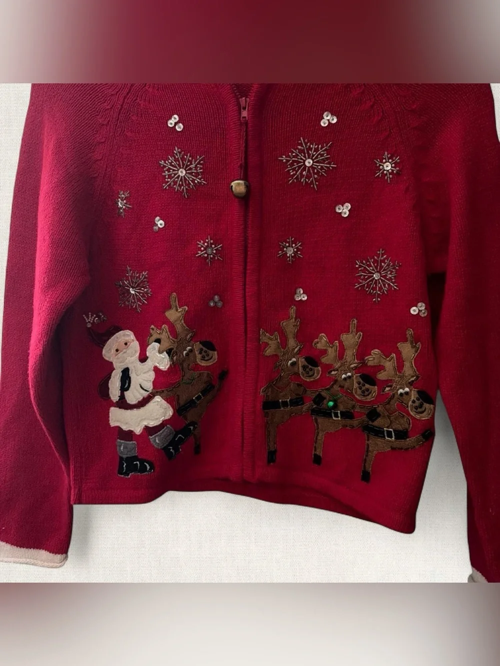 Derek Heart Kids Red Zip-Up Holiday Sweater with Santa & Reindeer